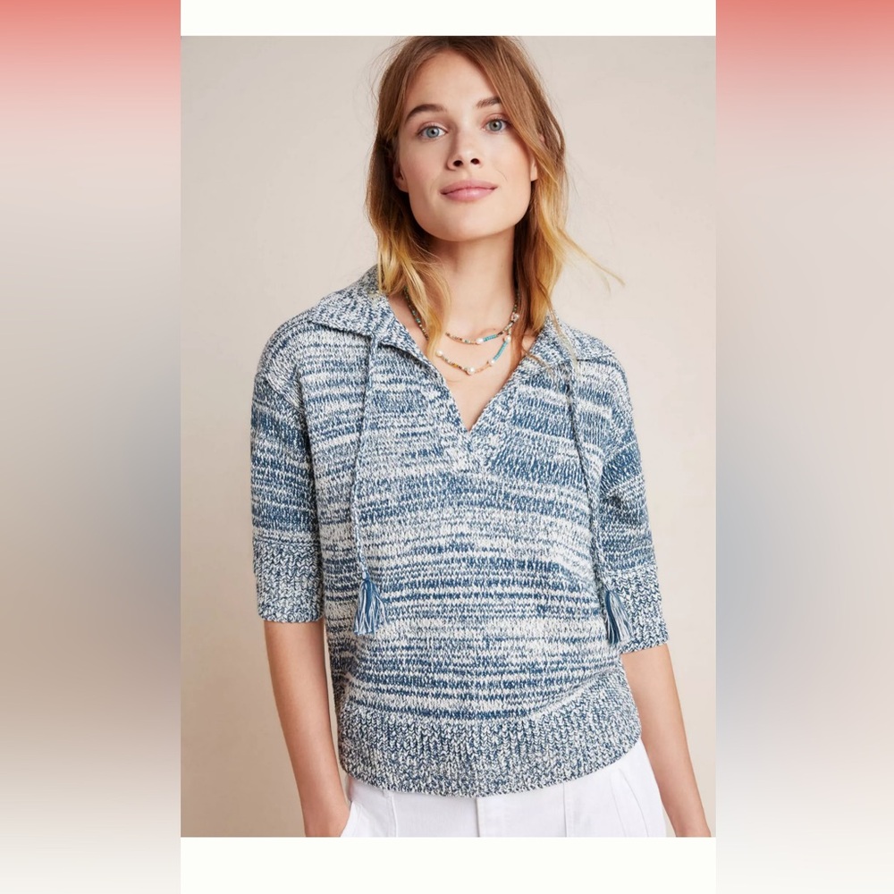 Anthropologie Carlotta Collared Pullover Sweater in Blue and White Knit